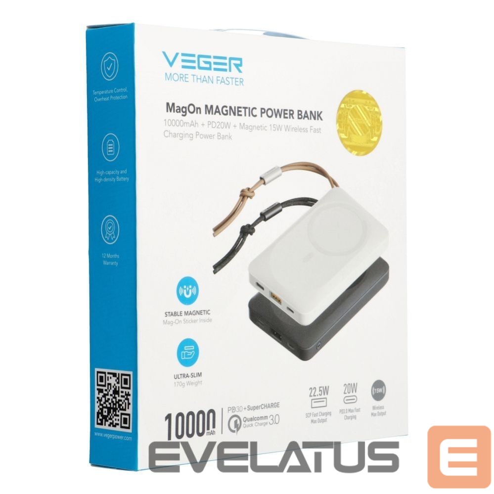 Išorinė baterija Veger Powerbank compatible with Magsafe Veger MagOn (VP1151 / W1151) PD QC3.0 2A 20W with wireless charging 10000 mAh white