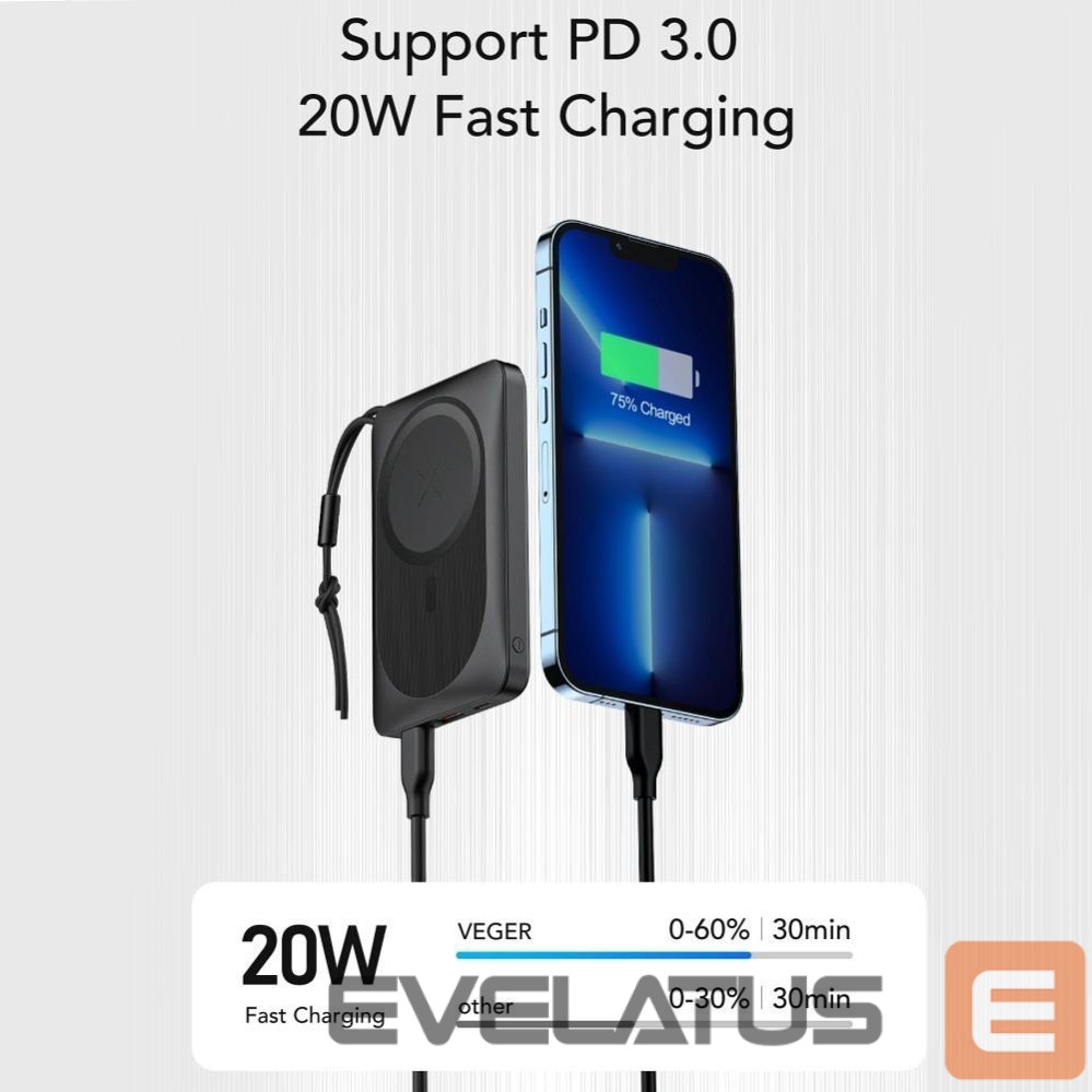 Išorinė baterija Veger Powerbank compatible with Magsafe Veger MagOn (VP1151 / W1151) PD QC3.0 2A 20W with wireless charging 10000 mAh white