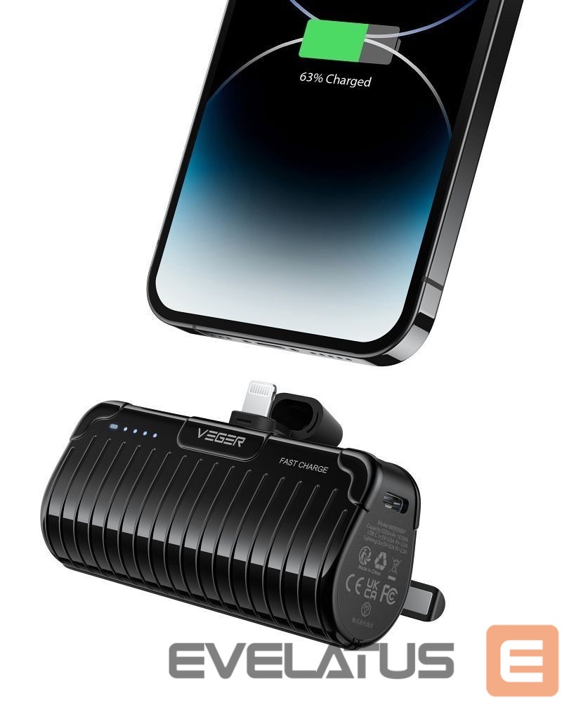 Išorinė baterija Veger Powerbank Veger PlugOn (W0558P) PD QC3.0 2,4A 20W 5000 mAh with a built-in connector Lightning black