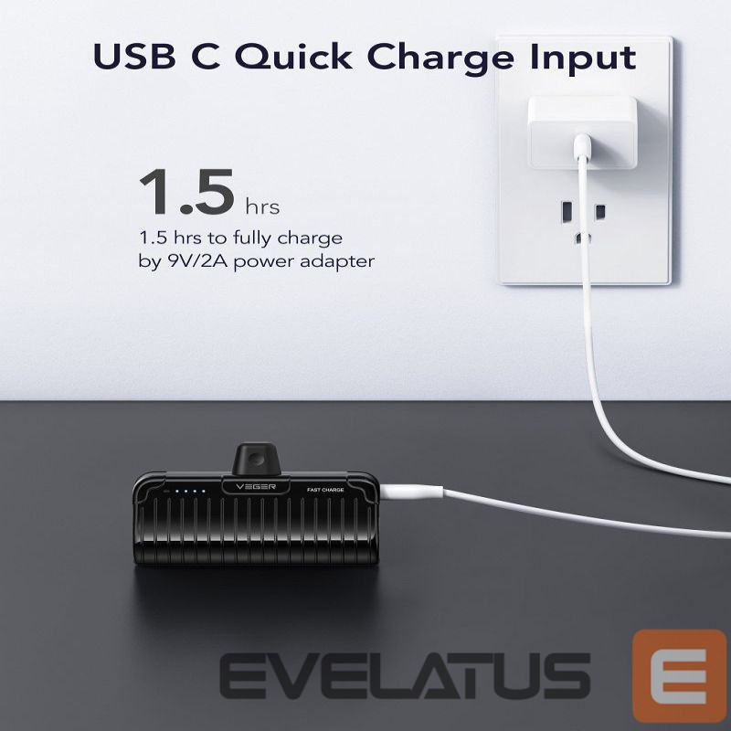 Išorinė baterija Veger Powerbank Veger PlugOn (W0558P) PD QC3.0 2,4A 20W 5000 mAh with a built-in connector Lightning black