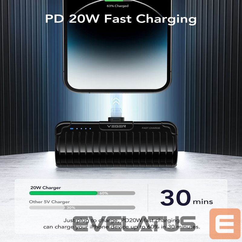 Išorinė baterija Veger Powerbank Veger PlugOn (W0558P) PD QC3.0 2,4A 20W 5000 mAh with a built-in connector Lightning black
