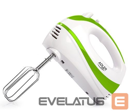 Maišytuvai ir maišytuvai Adler Mixer AD 4205 g Hand Mixer, 300 W, Number of speeds 5, Turbo mode, White/Green
