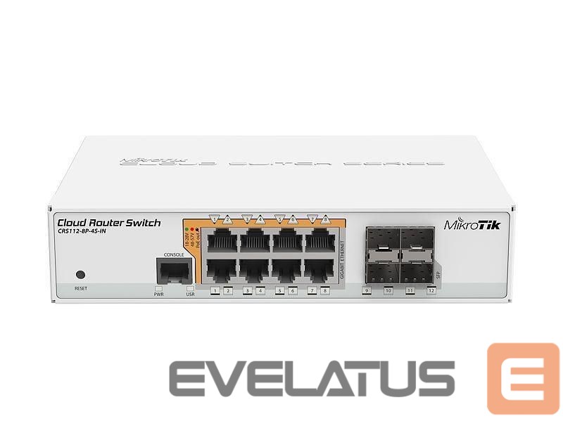 Jungikliai Mikrotik Switch||8x10Base-T / 100Base-TX / 1000Base-T|4xSFP|1xConsole|CRS112-8P-4S-IN