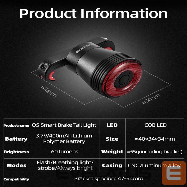 Dviračio priedas Rockbros Rockbros Q5 Rear Bike Light with Intelligent Stop System - Black