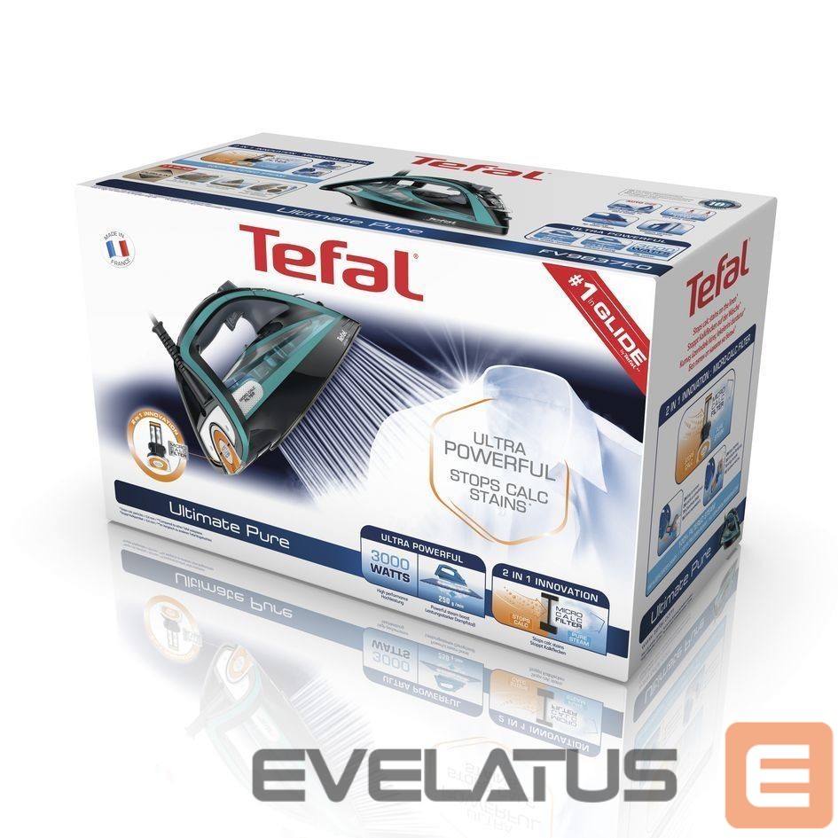 Lygintuvai TEFAL | Ultimate Pure FV9844E0 | Steam Iron | 3200 W | Water tank capacity 350 ml | Continuous steam 60 g/min | Steam boost performance 250 g/min | Blue/Black