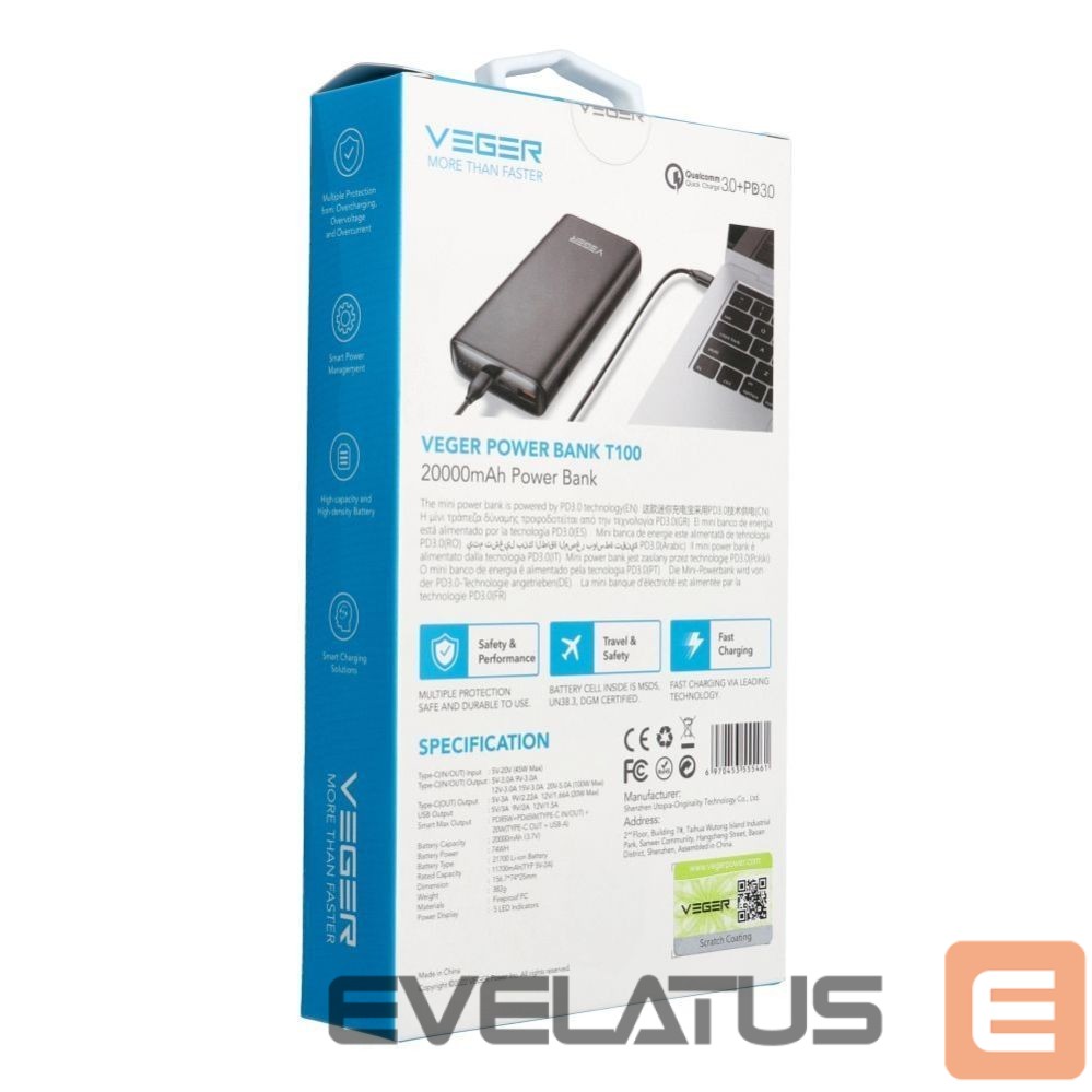 Išorinė baterija Veger Powerbank Veger T100 (W2032C-100) PD QC3.0 5A 100W 20000 mAh black