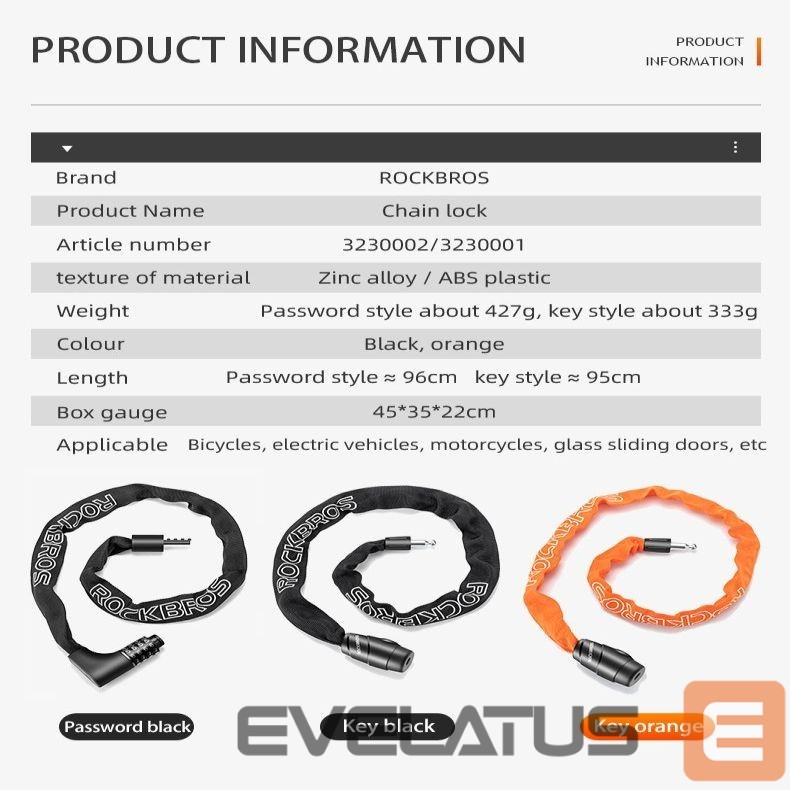 Dviračio priedas Rockbros Rockbros 3230002001 bicycle lock with combination and key - black
