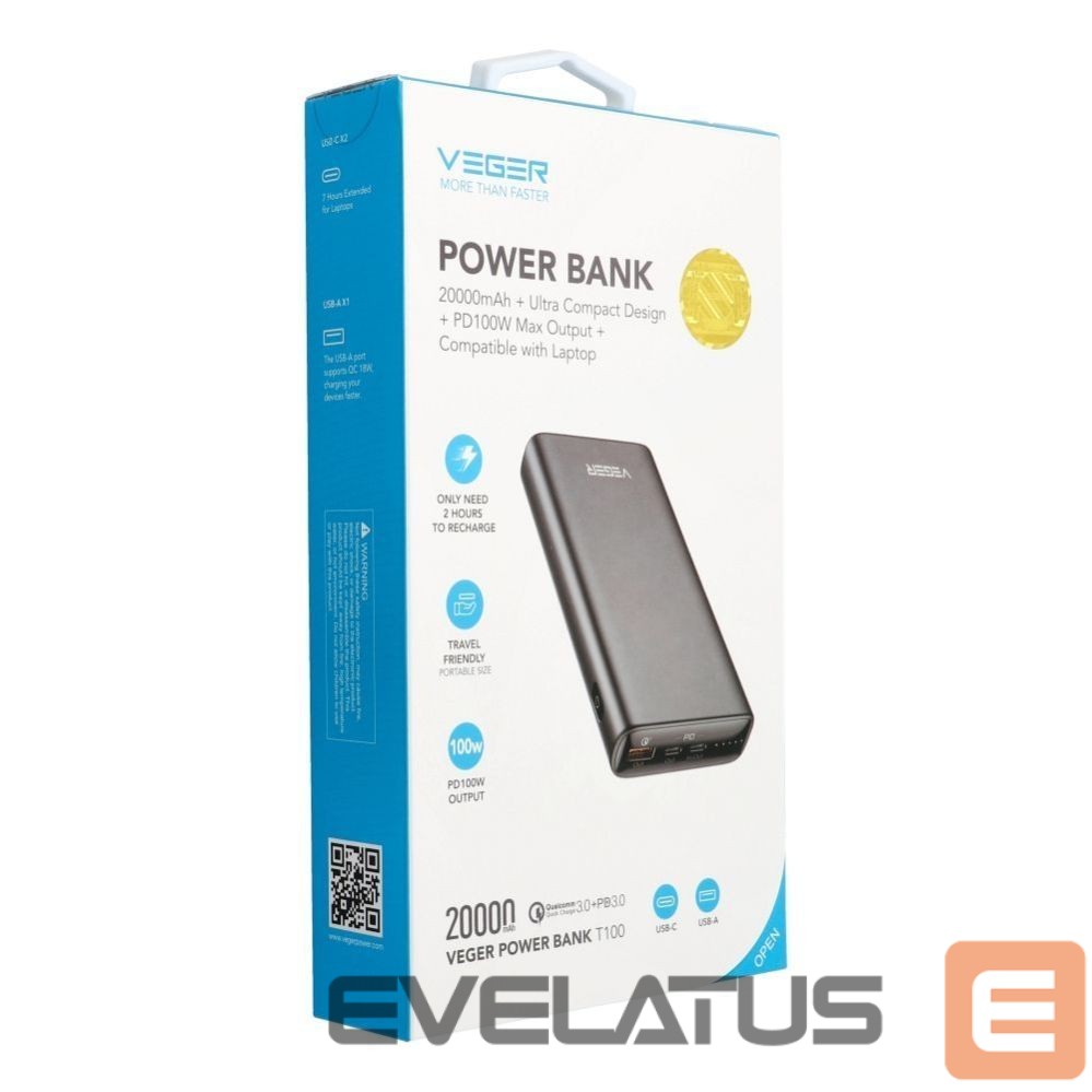 Išorinė baterija Veger Powerbank Veger T100 (W2032C-100) PD QC3.0 5A 100W 20000 mAh black