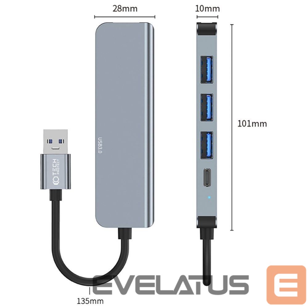 Kitas kompiuterio priedas Tech-Protect HUB Tech-Protect V0 5in1 USB-A - USB-A 3.0 / 3x USB-A 2.0 / USB-C - gray