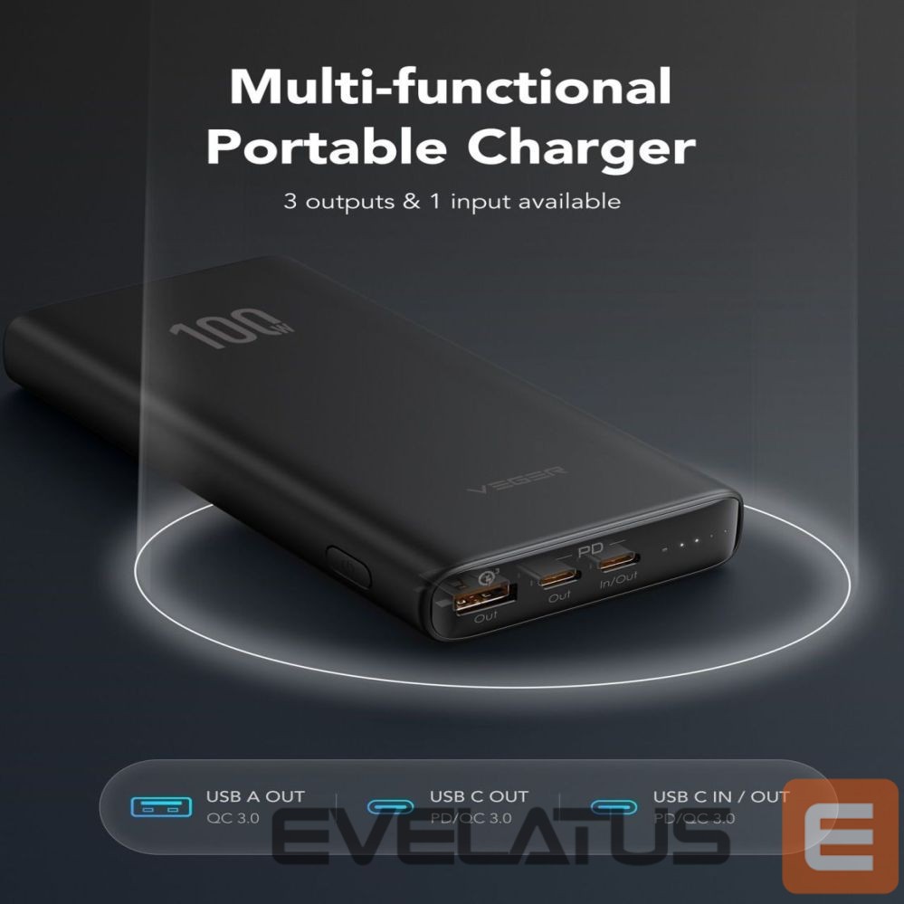Išorinė baterija Veger Powerbank Veger T100 (W2032C-100) PD QC3.0 5A 100W 20000 mAh black