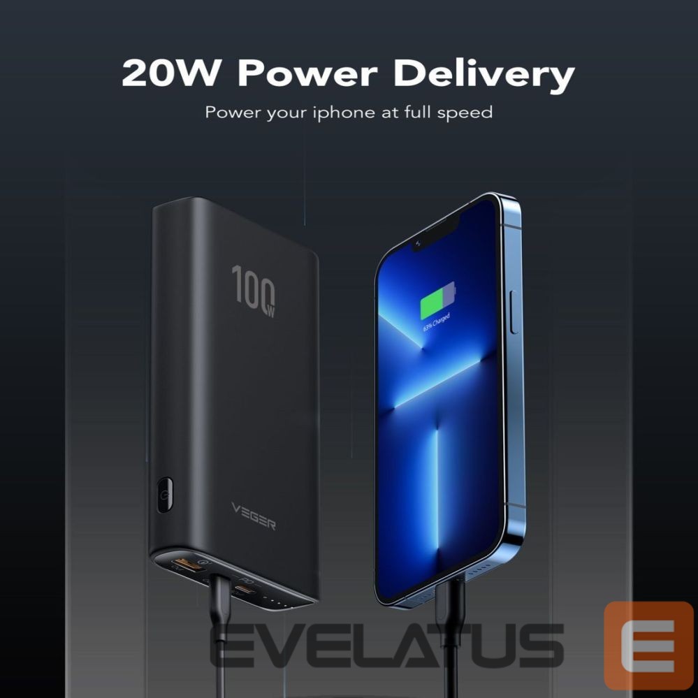 Išorinė baterija Veger Powerbank Veger T100 (W2032C-100) PD QC3.0 5A 100W 20000 mAh black