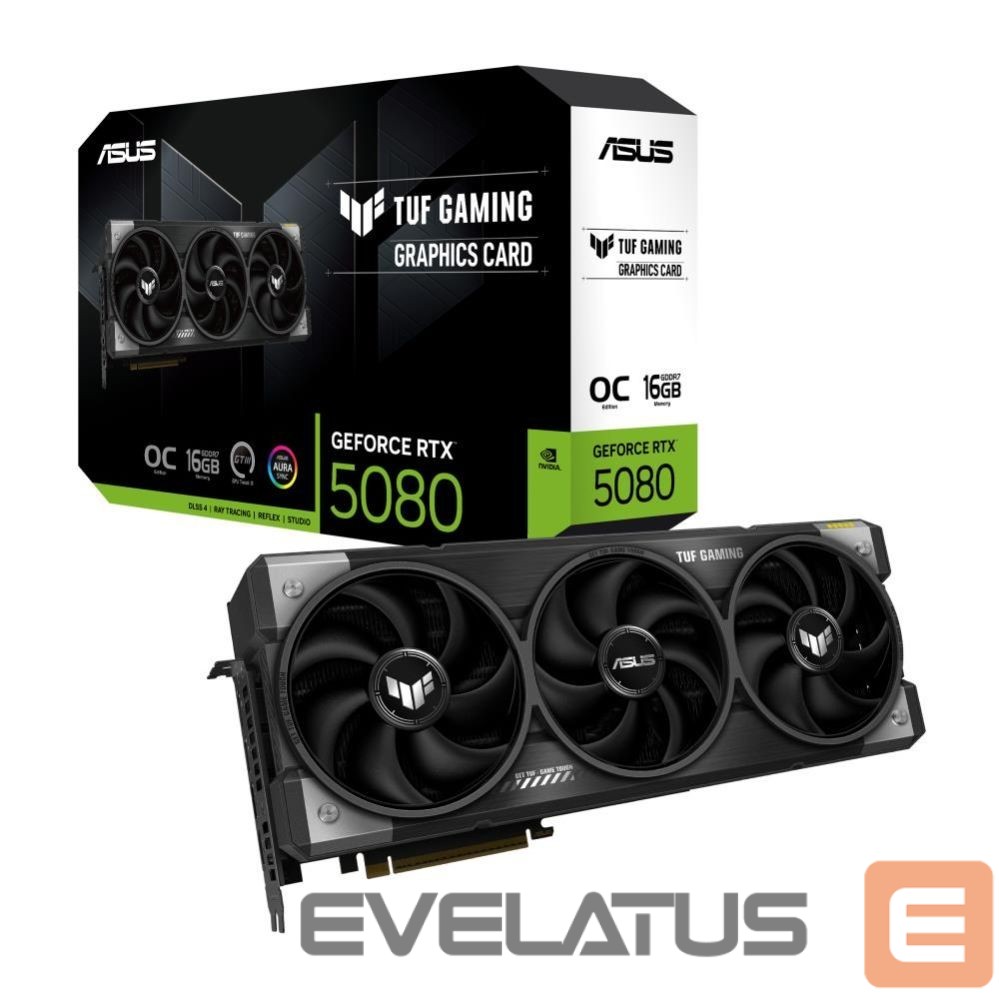 Vaizdo plokštės / Vaizdo plokštės Asus Graphics Card||NVIDIA GeForce RTX 5080|16 GB|GDDR7|256 bit|PCIE 5.0 16x|Triple slot Fansink|2xHDMI|3xDisplayPort|TUF-RTX5080-O16G-GAMING