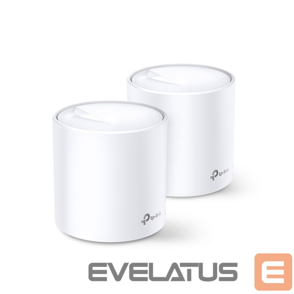 Maršrutizatoriai TP-Link AX3000 Whole Home Mesh Wi-Fi 6 System Deco X60 (2-pack) 802.11ax, 2402+574 Mbit/s, 10/100/1000 Mbit/s, Ethernet LAN (RJ-45) ports 2, Mesh Support Yes, MU-MiMO Yes, Antenna type 4xInternal per Deco uni