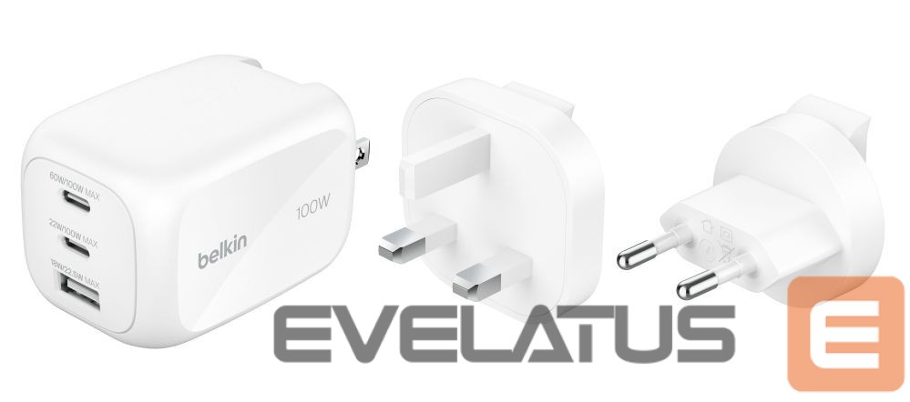 Adapteriai Belkin BOOSTCHARGE 100w 2C1A Wall Charger with interchangable plug tips UK, EU, US White