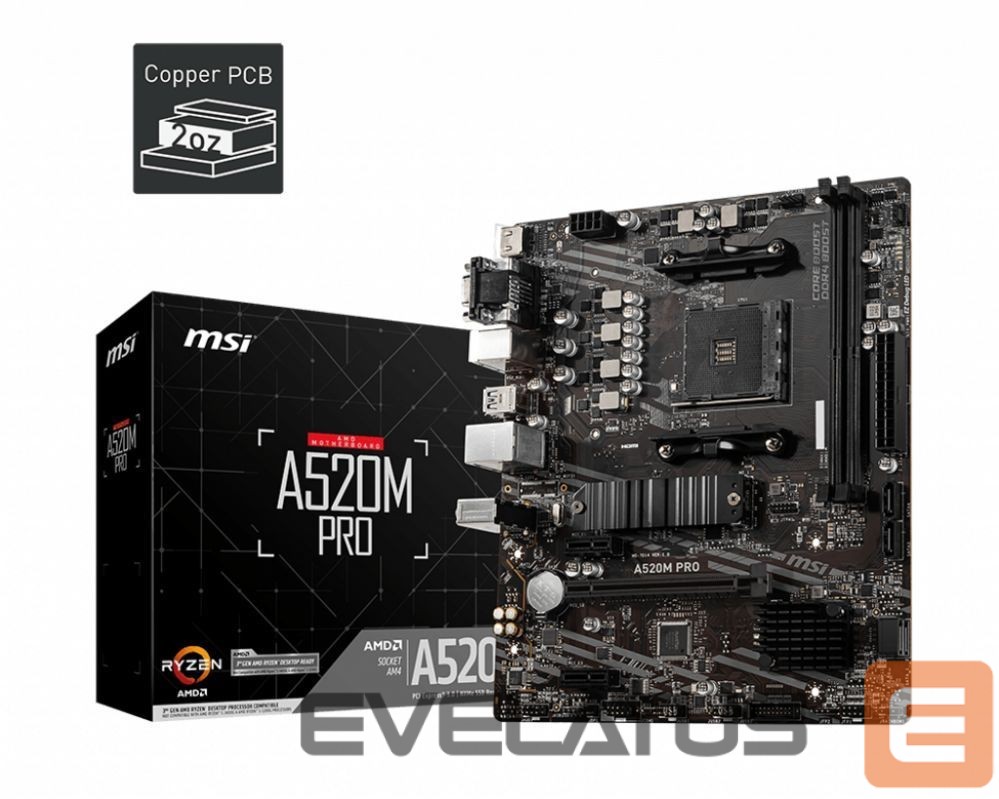 Intel procesoriaus pagrindinė plokštė MSI A520M PRO Processor family AMD, Processor socket AM4, DDR4, Memory slots 2, Chipset AMD A, Micro ATX