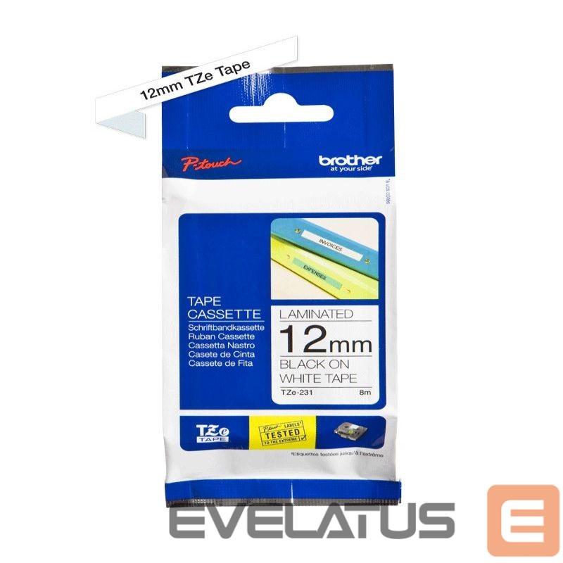 Eksploatacinės medžiagos spausdintuvams Brother TZ-231 Laminated Tape Black on White, TZe, 8 m, 1.2 cm