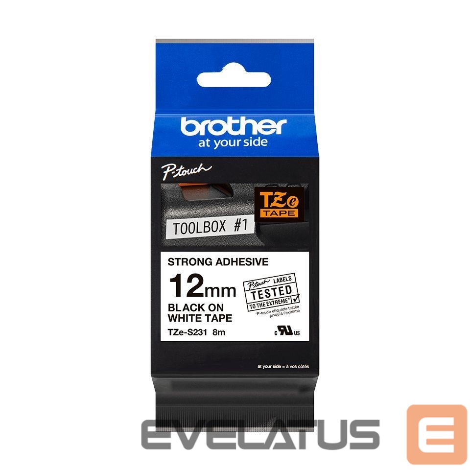 Eksploatacinės medžiagos spausdintuvams Brother TZ-S231 Strong Adhesive Laminated Tape Black on White, TZe, 1.2 cm, 8 m
