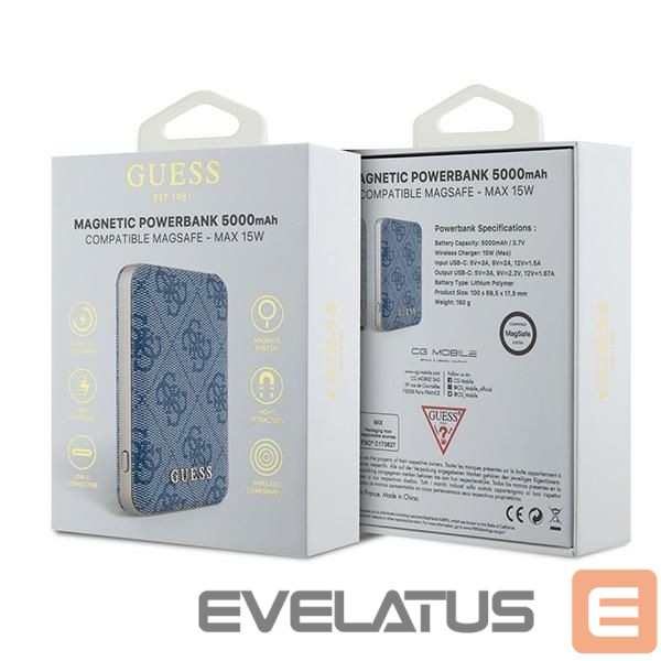 Kitos prekės Guess Guess Powerbank inductive 15W GUPB5FP4EMGB 5000mAh blue/blue 4G Leather Metal Logo MagSafe