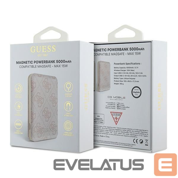 Kitos prekės Guess Guess Powerbank inductive 15W GUPB5FP4EMGP 5000mAh pink/pink 4G Leather Metal Logo MagSafe