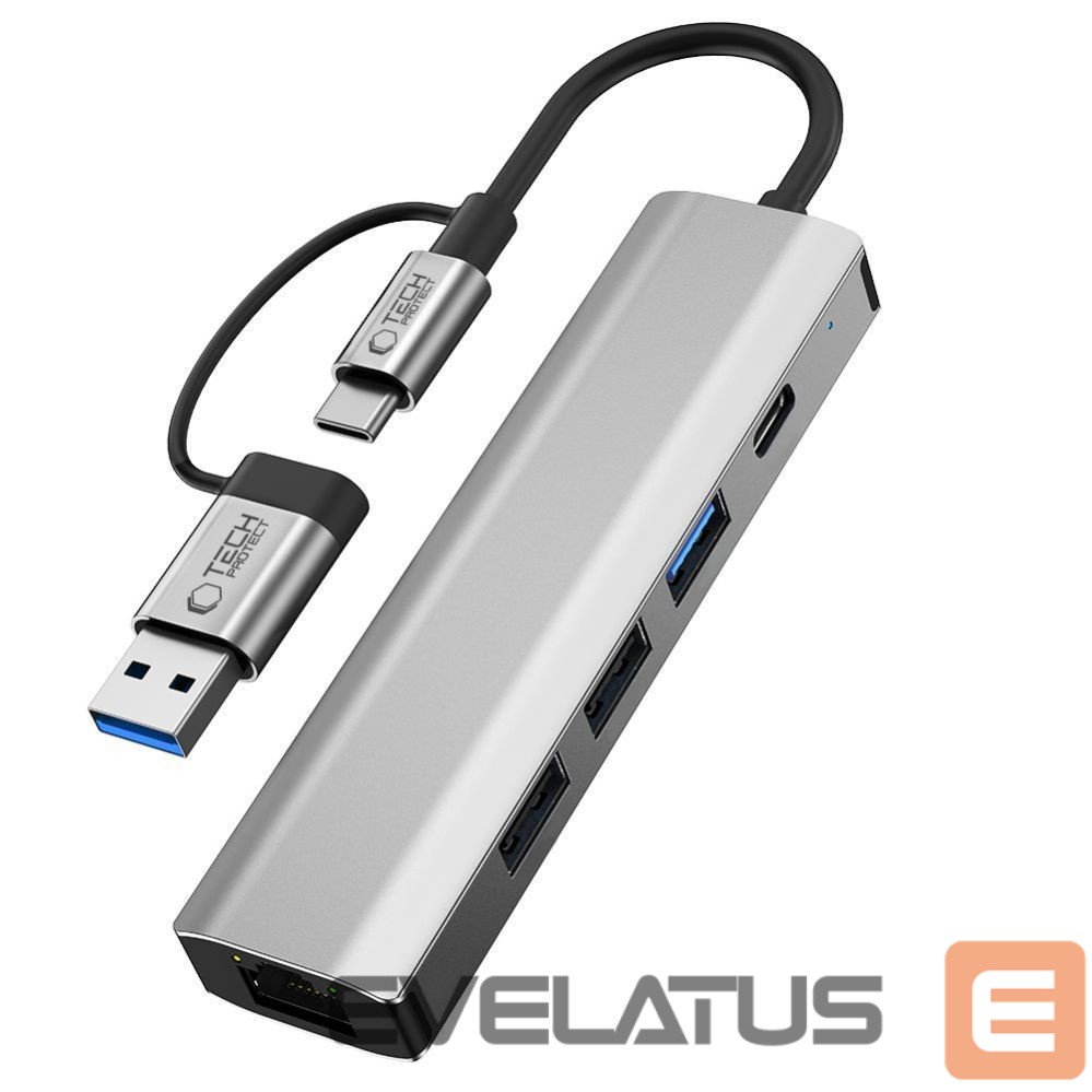 Kitos prekės Tech-Protect Tech-Protect HB03 HUB Adapter 5in1 USB-C + USB2.0 + USB3.0 + RJ45 - gray