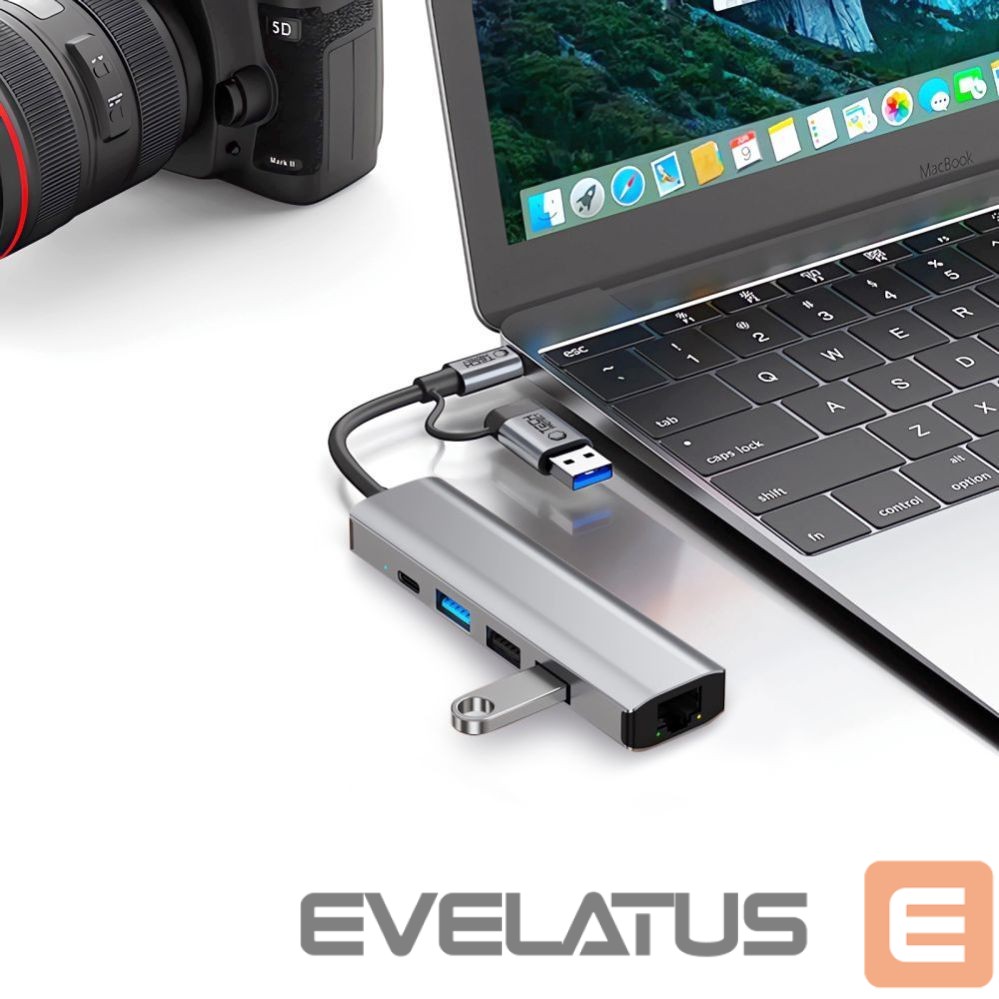 Kitos prekės Tech-Protect Tech-Protect HB03 HUB Adapter 5in1 USB-C + USB2.0 + USB3.0 + RJ45 - gray