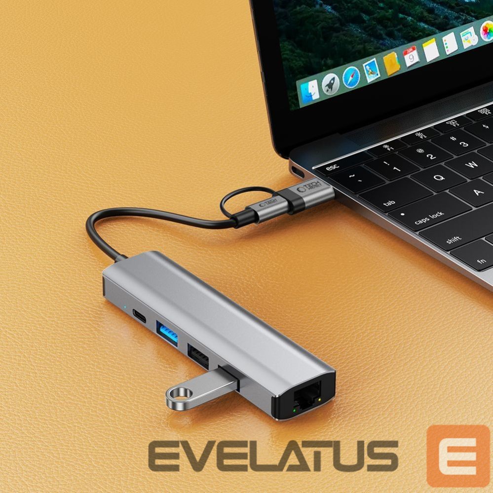 Kitos prekės Tech-Protect Tech-Protect HB03 HUB Adapter 5in1 USB-C + USB2.0 + USB3.0 + RJ45 - gray
