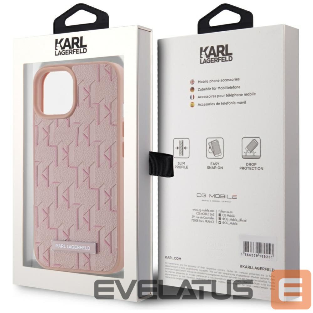 Kitos prekės Karl Lagerfeld Karl Lagerfeld Leather Monogram Metal Logo MagSafe iPhone 15 Case - Pink