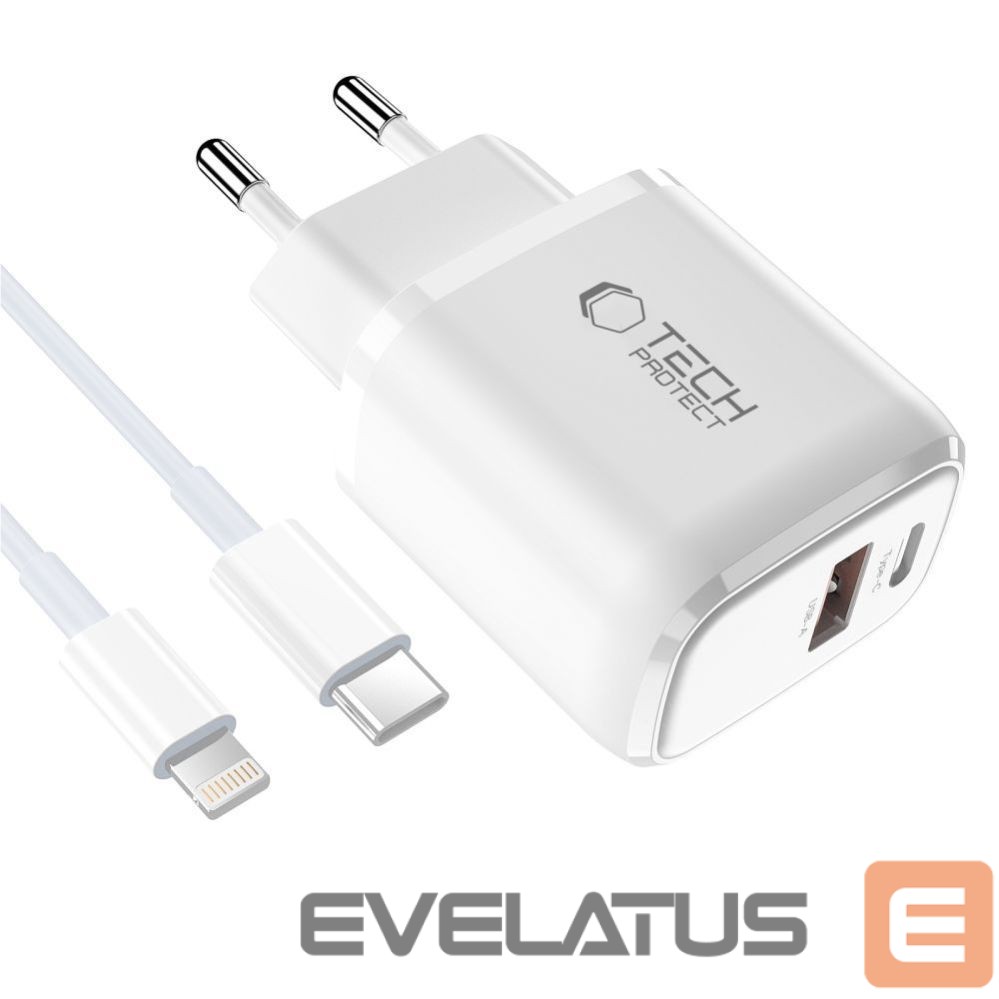 Kitos prekės Tech-Protect Tech-Protect NCA20 PD 20W QC3.0 USB-A / USB-C Wall Charger + USB-C / Lightning Cable 100cm - White