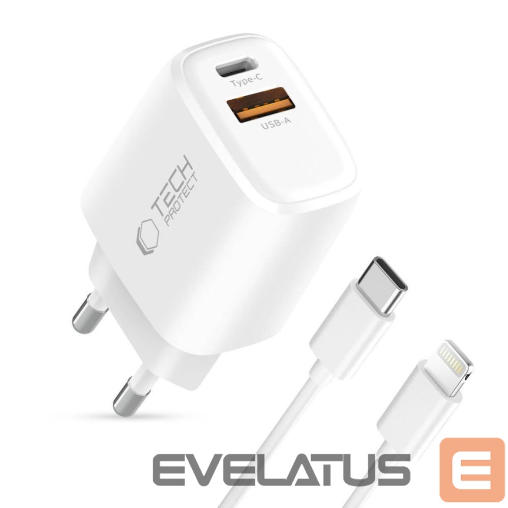 Kitos prekės Tech-Protect Tech-Protect NCA20 PD 20W QC3.0 USB-A / USB-C Wall Charger + USB-C / Lightning Cable 100cm - White