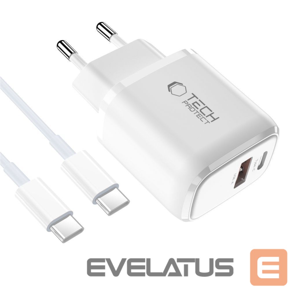 Kitos prekės Tech-Protect Tech-Protect NCA20 PD 20W QC3.0 USB-A / USB-C Wall Charger + USB-C / USB-C Cable 100cm - White