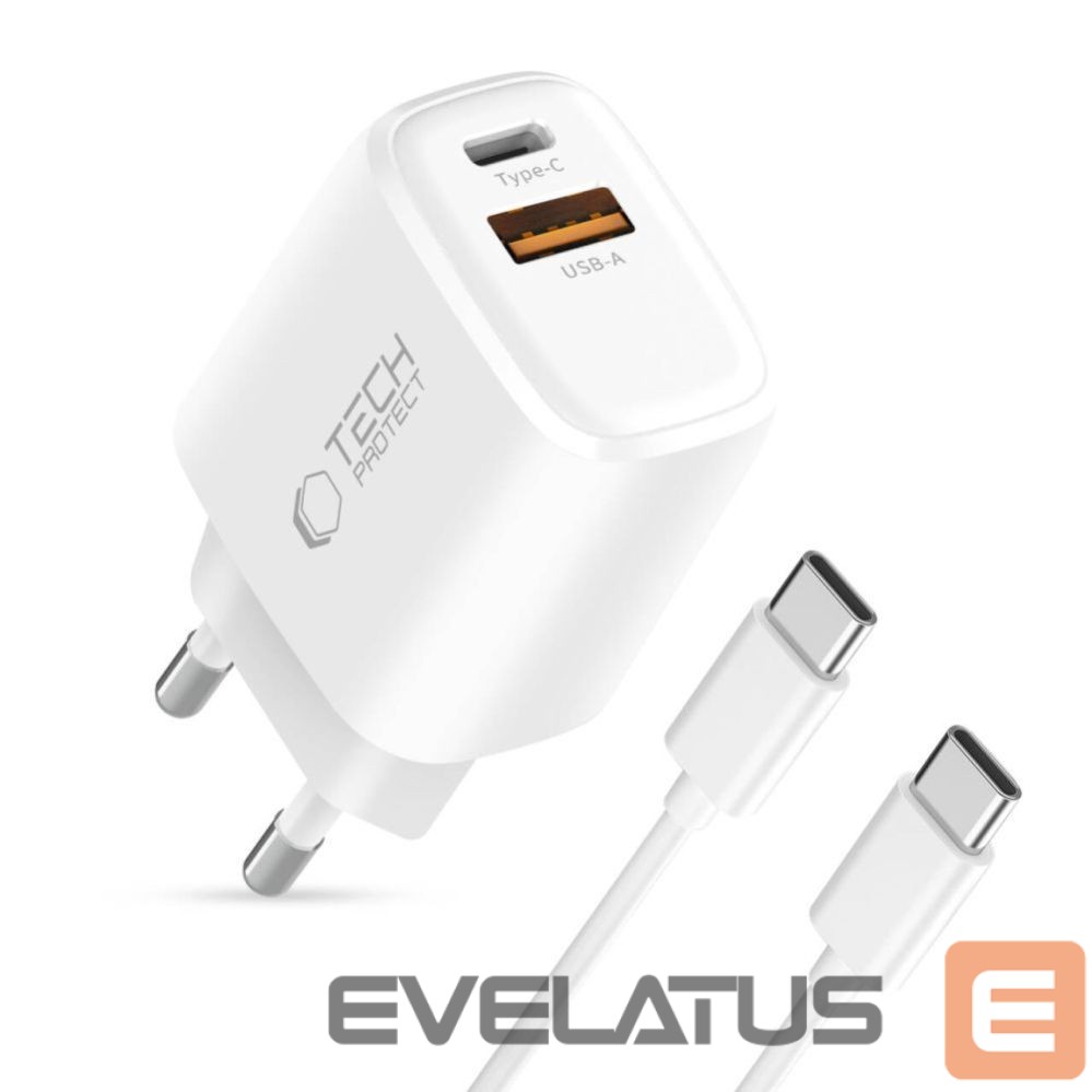 Kitos prekės Tech-Protect Tech-Protect NCA20 PD 20W QC3.0 USB-A / USB-C Wall Charger + USB-C / USB-C Cable 100cm - White
