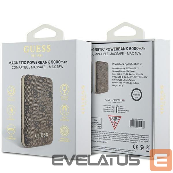 Kitos prekės Guess Guess Powerbank inductive 15W GUPB5FP4EMGW 5000mAh brown/brown 4G Leather Metal Logo MagSafe