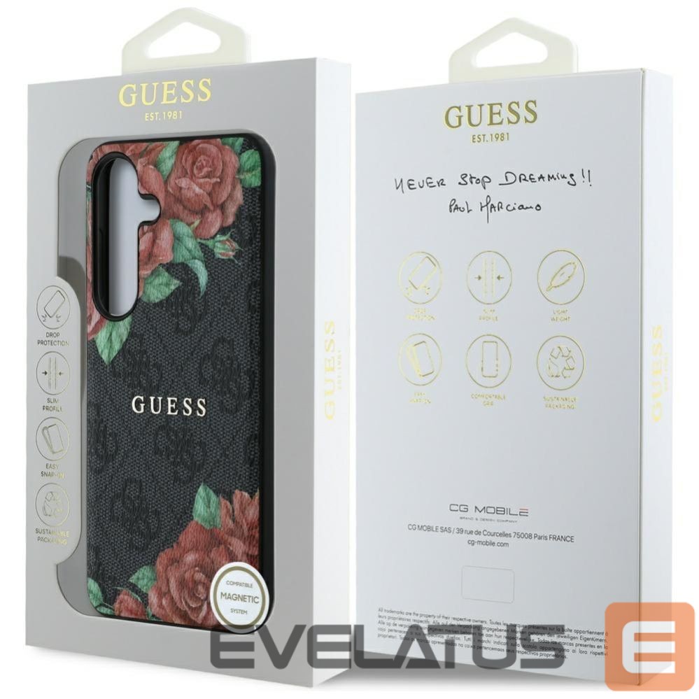 Kitos prekės Guess Guess Leather 4G Flowers Print Metal Classic Logo MagSafe Case for Samsung Galaxy S25 - Black