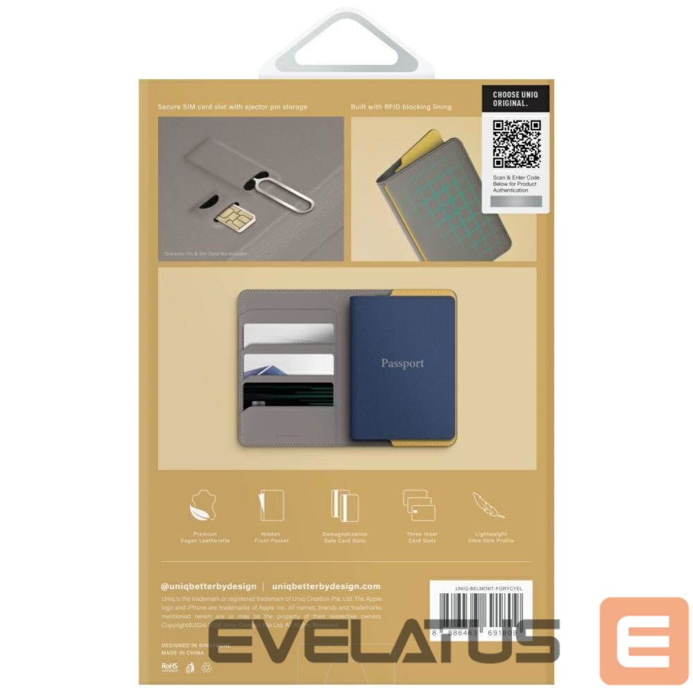 Kitos prekės UNIQ Uniq Belmont RFID Blocking Passport Case - Grey/Yellow