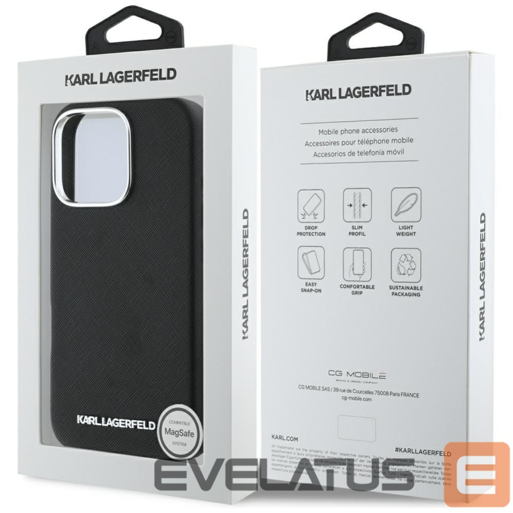 Kitos prekės Karl Lagerfeld Karl Lagerfeld Saffiano Full Wrapped Elongated Metal Logo MagSafe Case for iPhone 16 Pro Max - Black