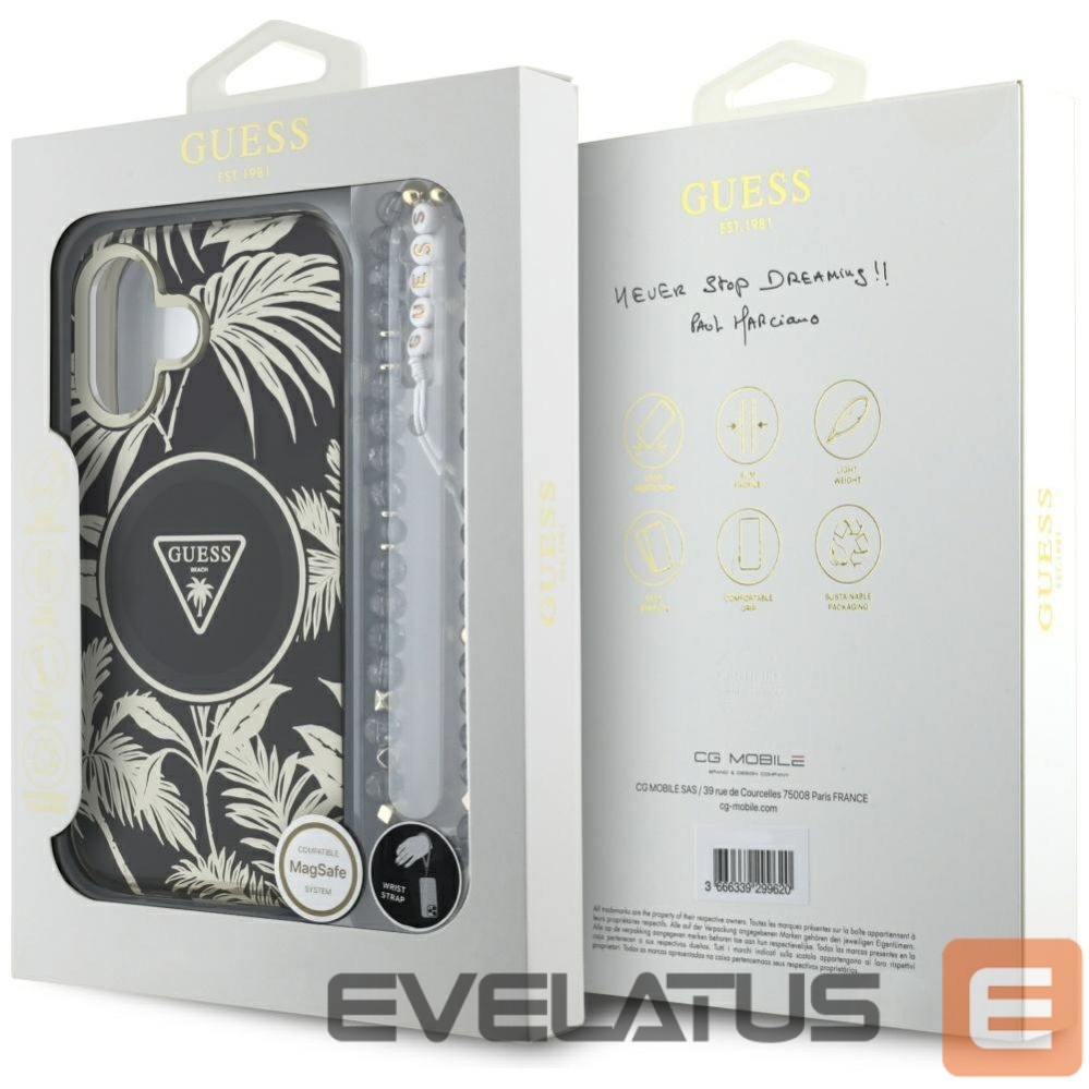 Kitos prekės Guess Guess Palm Trees Triangle Pearl Strap MagSafe case for iPhone 16 black