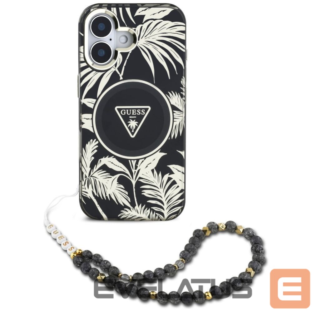 Kitos prekės Guess Guess Palm Trees Triangle Pearl Strap MagSafe case for iPhone 16 black