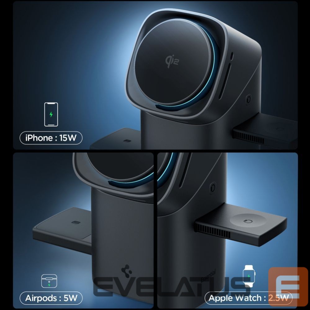 Kitos prekės Spigen Spigen Essential EF223MS 3-in-1 QI2 Wireless Charger - Black