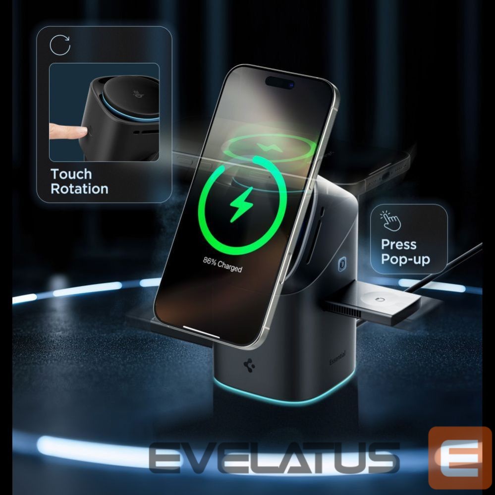Kitos prekės Spigen Spigen Essential EF223MS 3-in-1 QI2 Wireless Charger - Black