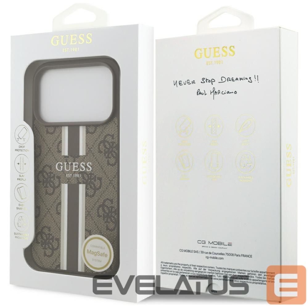 Kitos prekės Guess Guess 4G Printed Stripes MagSafe case for iPhone 17 Pro - brown