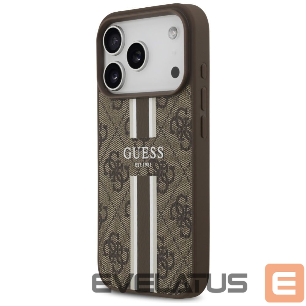 Kitos prekės Guess Guess 4G Printed Stripes MagSafe case for iPhone 17 Pro - brown