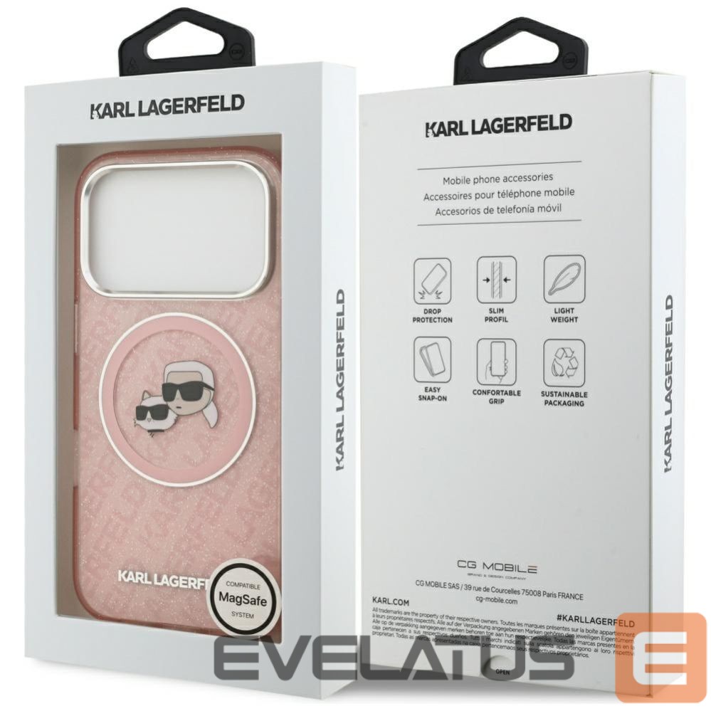 Kitos prekės Karl Lagerfeld Karl Lagerfeld IML Glitter Karl & Choupette Heads Logo MagSafe Case for iPhone 17 Pro - Pink