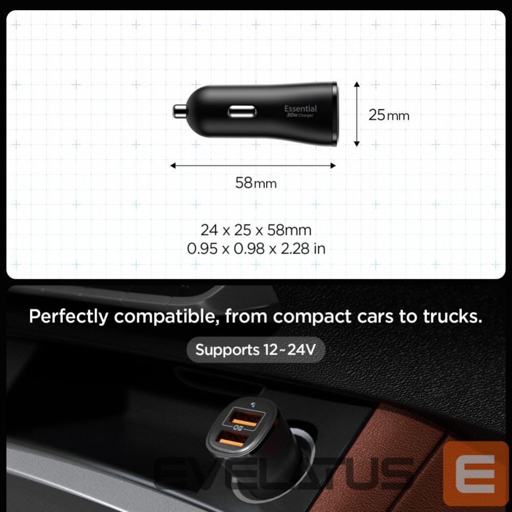 Kitos prekės Spigen Spigen Essential EV302 30W 2-Port USB-A Car Charger - Black