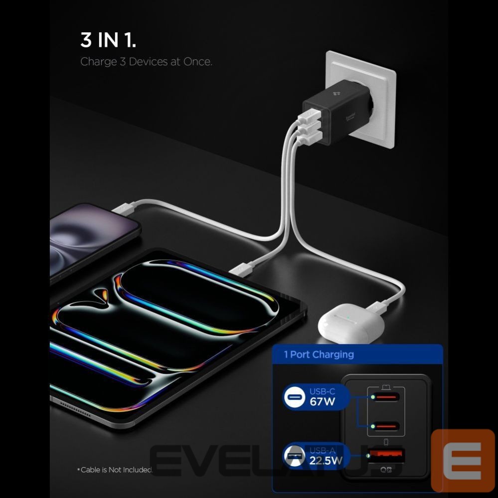 Kitos prekės Spigen Spigen Essential EE673EU 3-port charger 2xUSB-C 1xUSB-A 67W - black