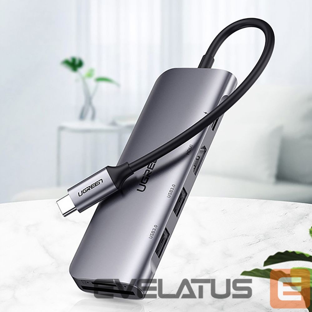 Kabelis Ugreen Ugreen CM195 6in1 adapter USB-C - HDMI / 2x USB-A 3.0 / USB-C PD / SD / TF reader - gray