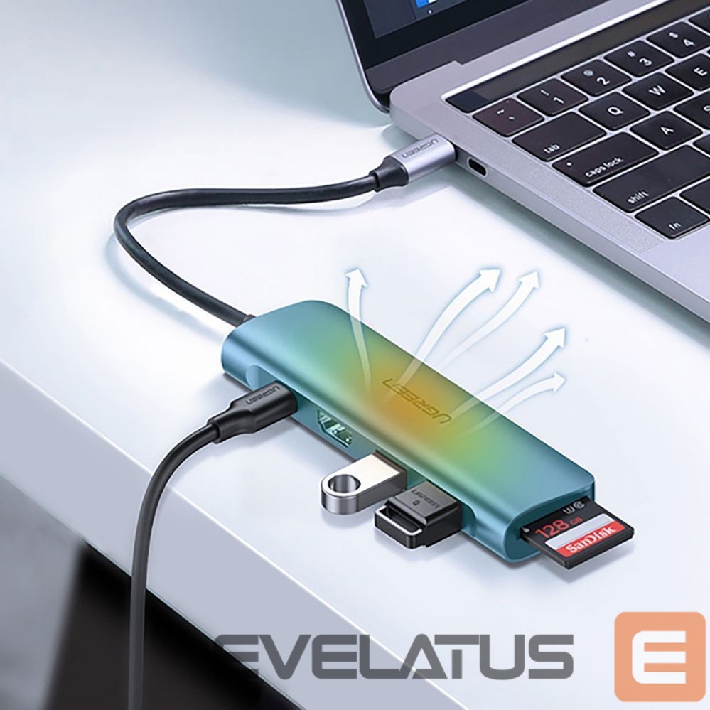 Kabelis Ugreen Ugreen CM195 6in1 adapter USB-C - HDMI / 2x USB-A 3.0 / USB-C PD / SD / TF reader - gray