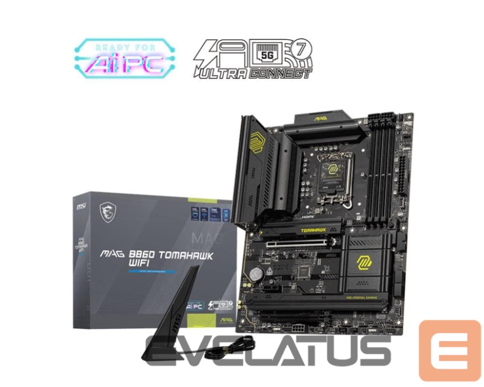 Intel procesoriaus pagrindinė plokštė MSI Mainboard||Intel B860 Express|LGA1851|ATX|Memory DDR5|Memory slots 4|1xPCI-Express 4.0 1x|1xPCI-Express 4.0 4x |1xPCI-Express 5.0 16x|3xM.2|1xHDMI|1xDisplayPort|8xUSB 2.0|6xUSB 3.2|3xUSB-C|1xOptical S/PDIF|1xRJ45|3xAudio port|1xThunderbolt|MAGB860TOMAHAWKWIFI