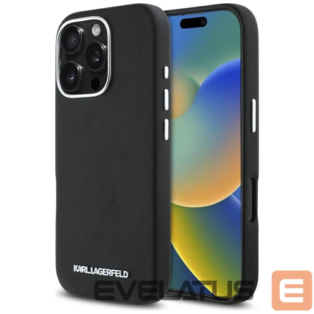 Kitos prekės Karl Lagerfeld Karl Lagerfeld Saffiano Full Wrapped Elongated Metal Logo MagSafe iPhone 16 Pro Case - Black