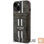 Kitos prekės Guess  Guess 4G Stripes case with Magsafe wallet for iPhone 15 brown 