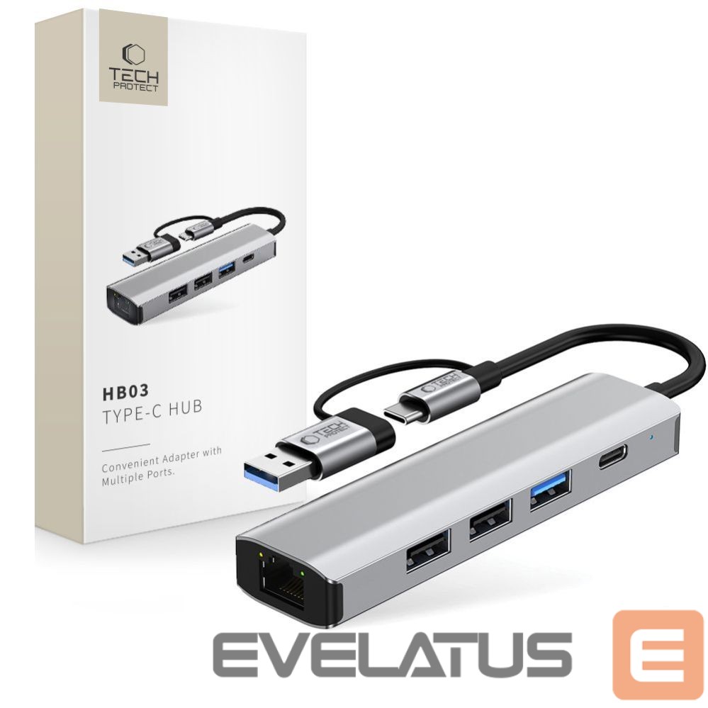 Kitos prekės Tech-Protect Tech-Protect HB03 HUB Adapter 5in1 USB-C + USB2.0 + USB3.0 + RJ45 - gray